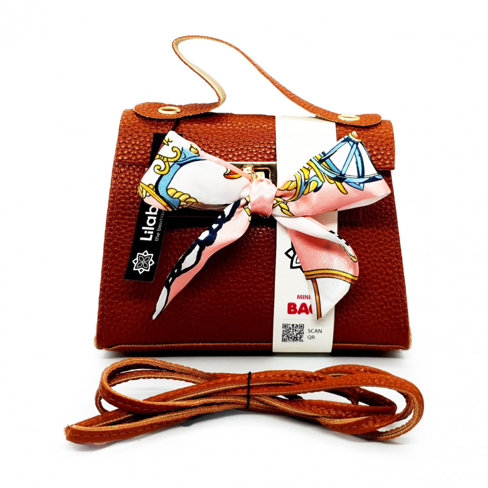 Satin Bow Decore PU Leather Handbag with Portable Chain - Brown