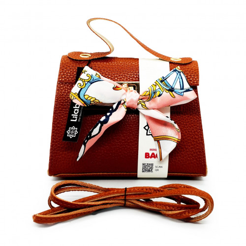 Satin Bow Decore PU Leather Handbag with Portable Chain - Brown