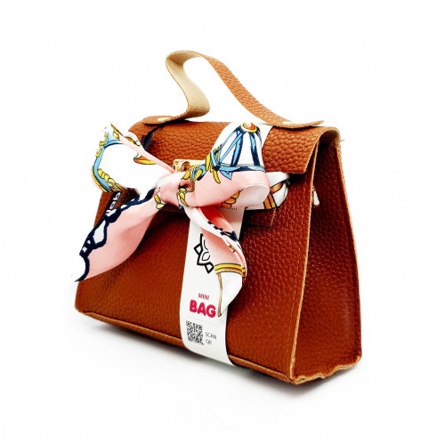 Satin Bow Decore PU Leather Handbag with Portable Chain - Brown
