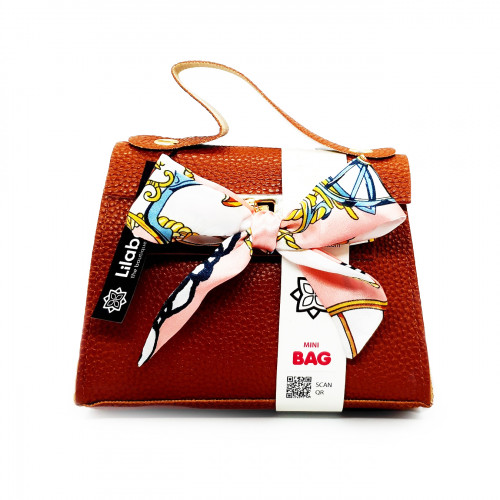 Satin Bow Decore PU Leather Handbag with Portable Chain - Brown