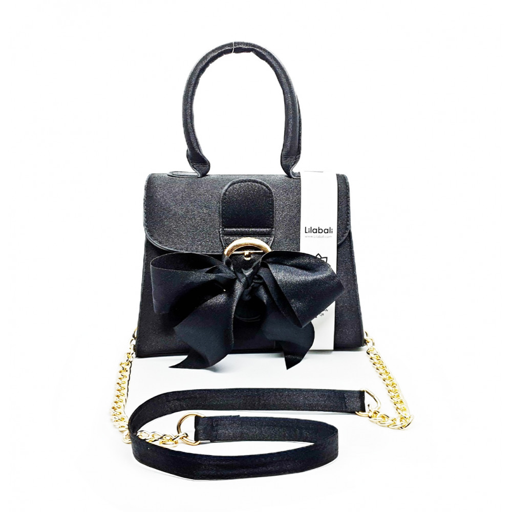 Satin Bowknot Solid Black Flap Handbag