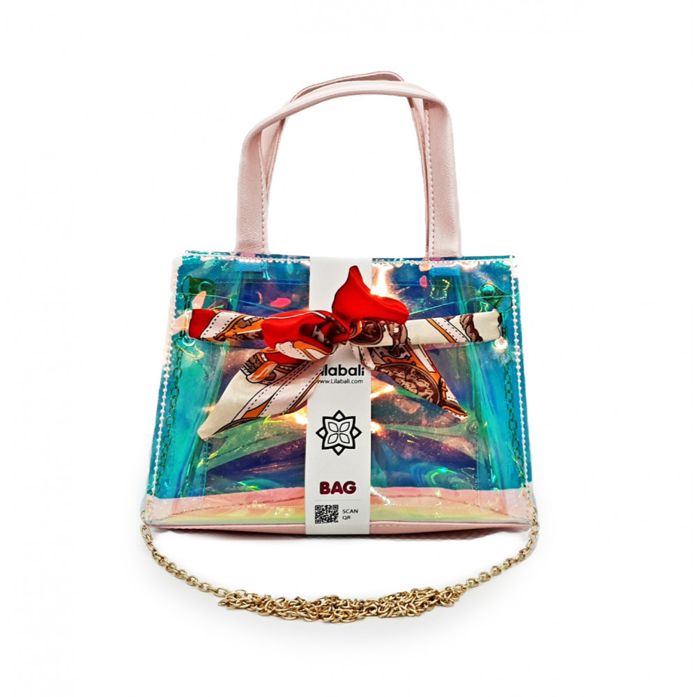 Holographic Top Handle Satchel with Metal Chain & Colorful Silk Scarf Handbag