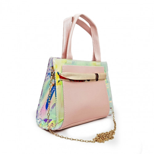Holographic Top Handle Satchel with Metal Chain & Colorful Silk Scarf Handbag