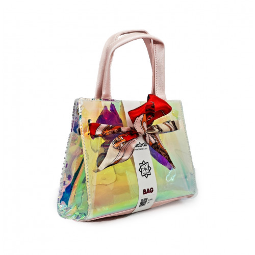Holographic Top Handle Satchel with Metal Chain & Colorful Silk Scarf Handbag