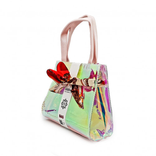 Holographic Top Handle Satchel with Metal Chain & Colorful Silk Scarf Handbag