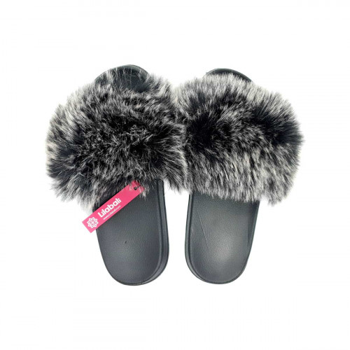 Long Fur Black Ash Ladies Outdoor Slipper Shoes - 38/39