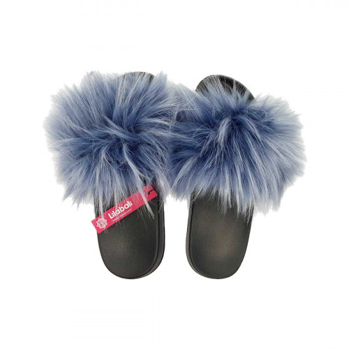 Long Fur Ash Blue Ladies Flip Flop Summer Sandle Shoes - 38/39
