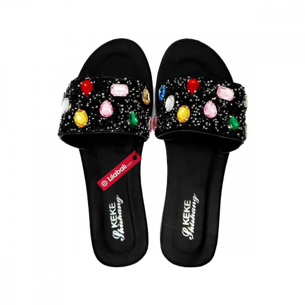 Multi-colour Rhinestone Ladies Black Beach Shoes - 39