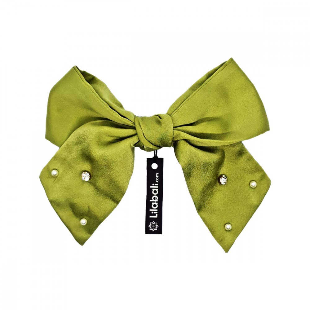 Olive Bow Hairclip With Pearl & Stone