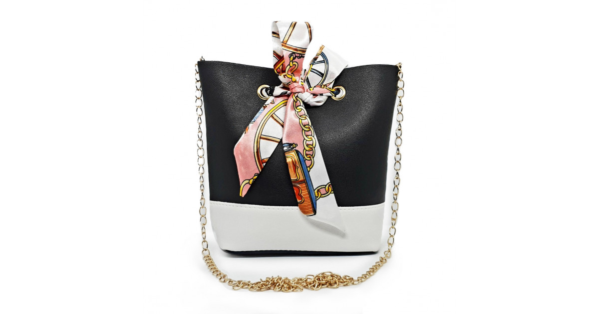 Satin Lace Bow Design Bucket Bag with Long Chain - Black