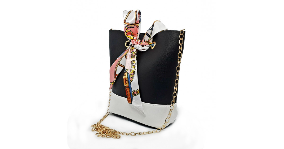 Satin Lace Bow Design Bucket Bag with Long Chain - Black