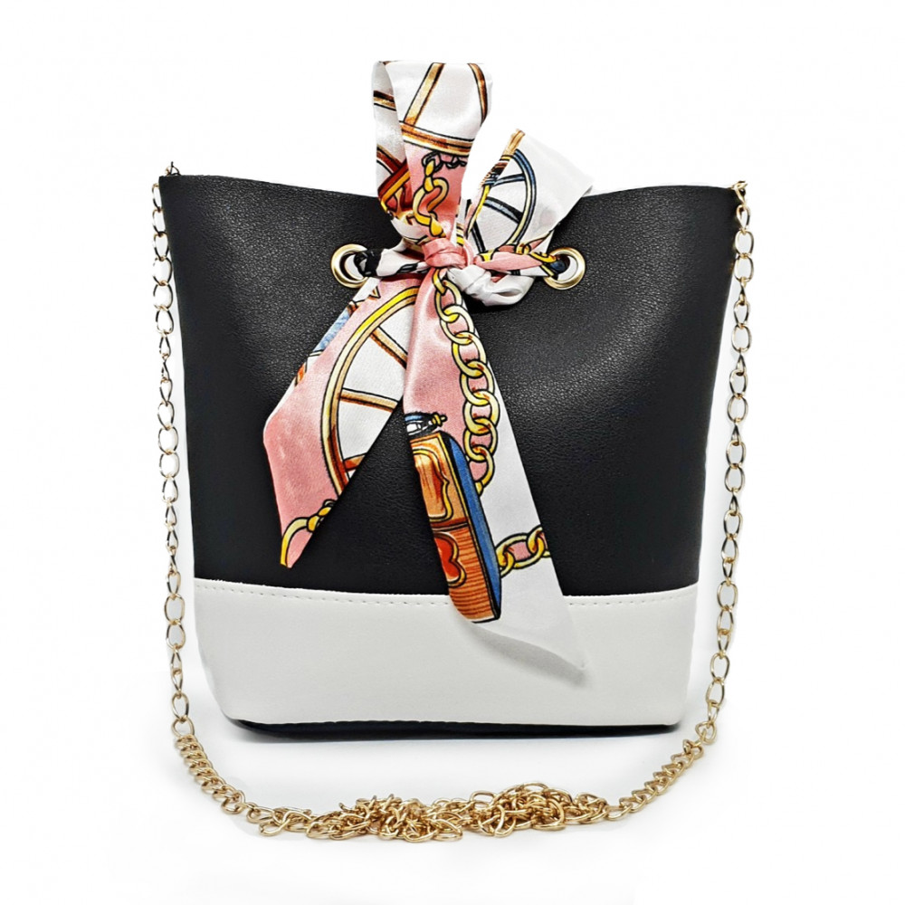 Satin Lace Bow Design Bucket Bag with Long Chain - Black
