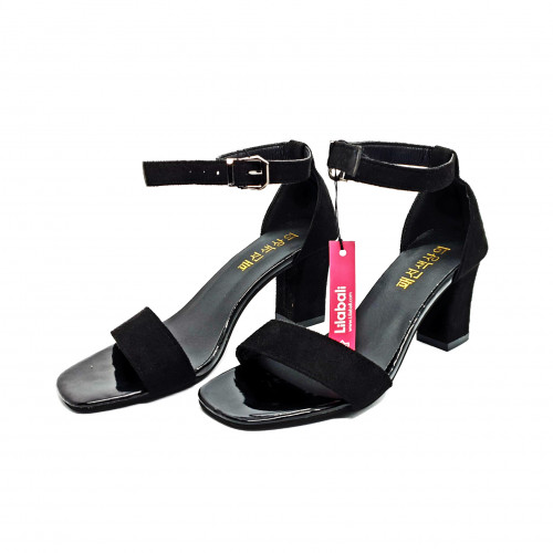 Black Ankle-Wrap Square Heel Sandals Shoes