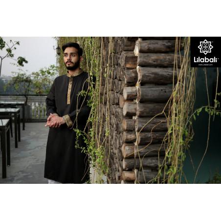Black Panjabi With Gold Details
