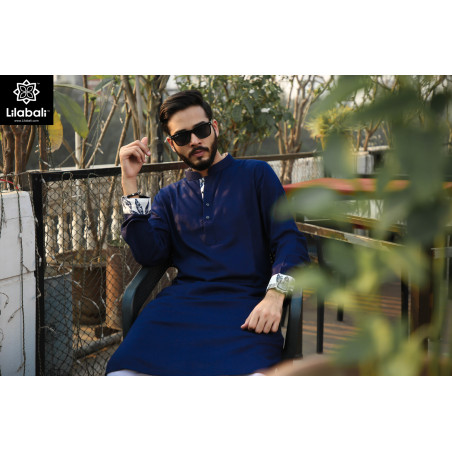 Blue Panjabi With White Details