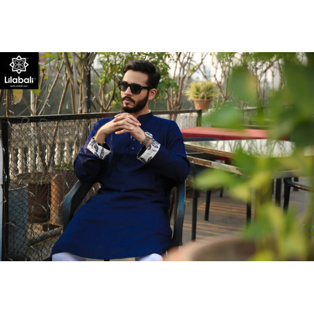 Blue Panjabi With White Details