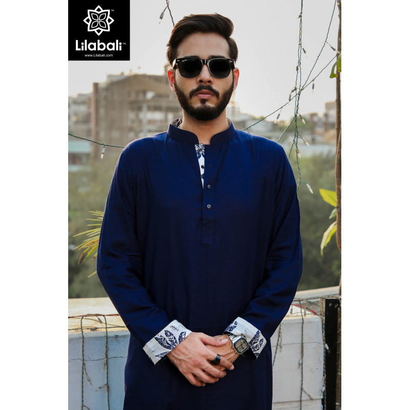 Blue Panjabi With White Details