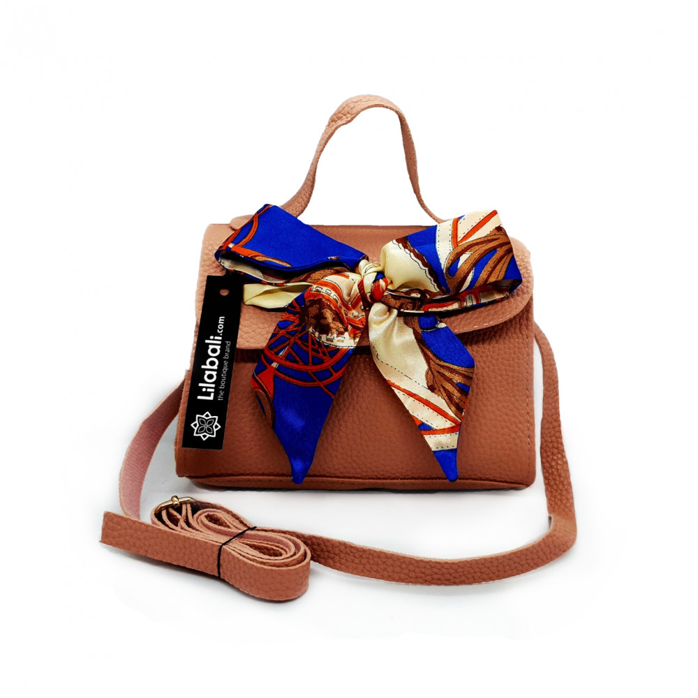 Satin Bow Decor PU Leather Ladies Crossbody Bag with Portable Chain - Peach