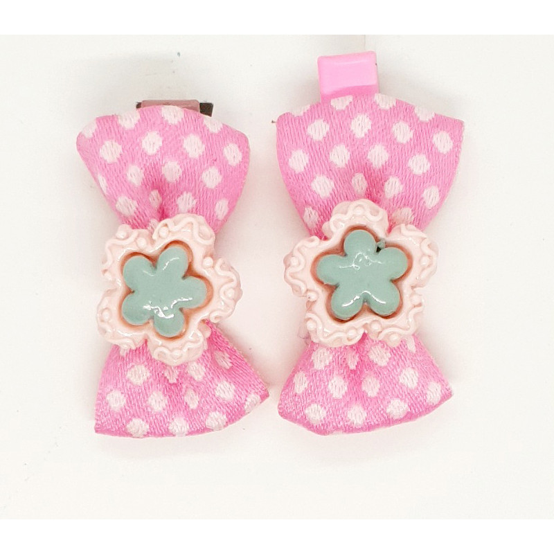 Bow Hair Clip With Flower - Pink