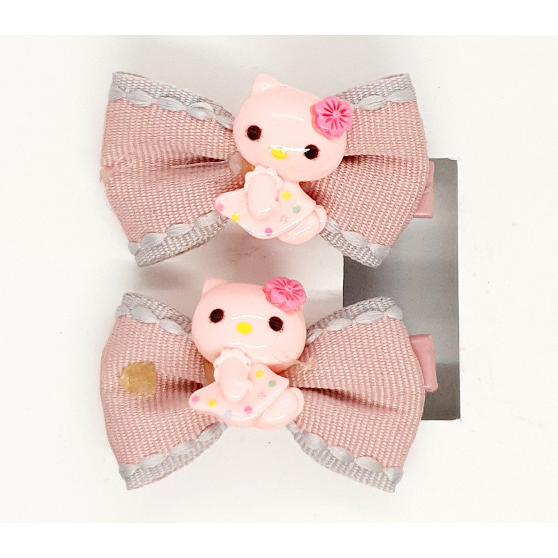 Gray - Bow Hair Clip With Cat