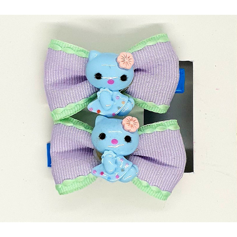 Sky Blue - Bow Hair Clip With Cat