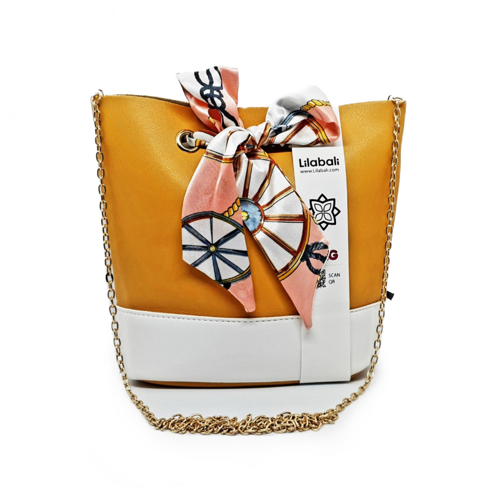 Satin Lace Bow Design Bucket Bag with Long Chain -Yellow