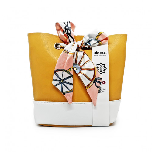 Satin Lace Bow Design Bucket Bag with Long Chain -Yellow